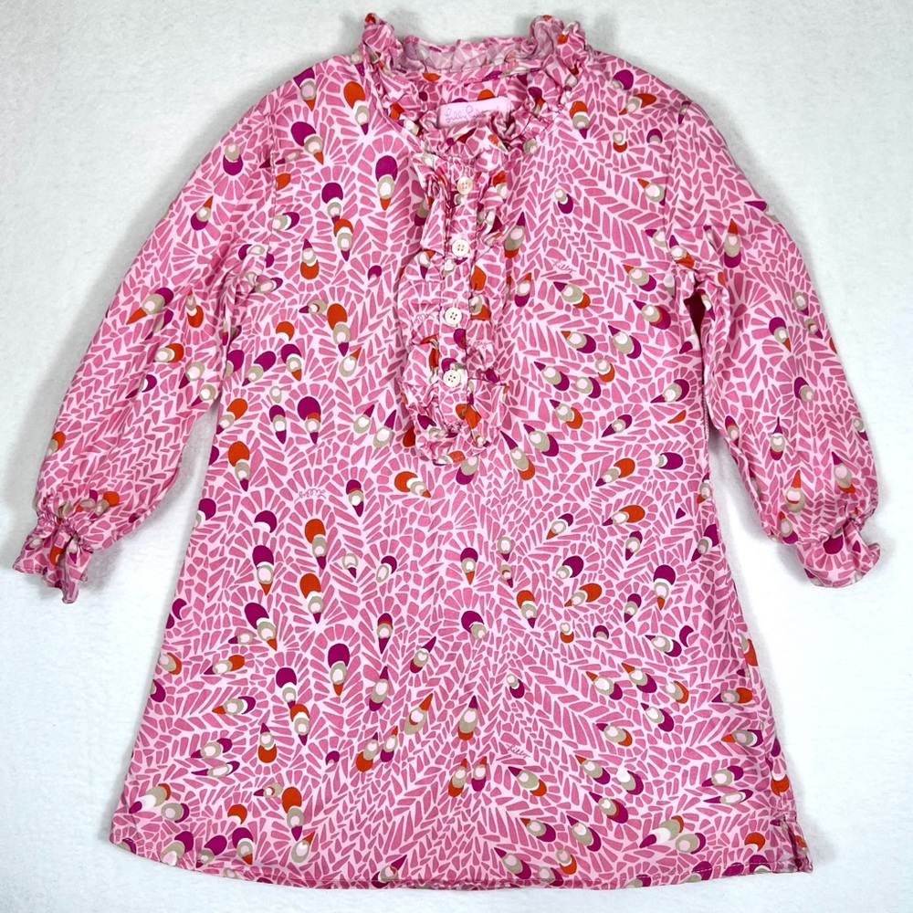 LILLY PULITZER Girls Sophia‎ Shift Dress Ruffle Collar Peacock Print Size 2